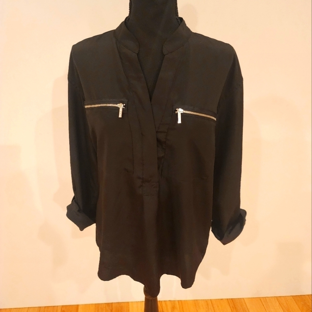 Michael Kors Black Zipper-Pocket Long Sleeve Blouse Size 6